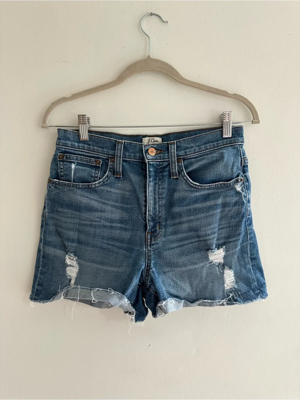 J. Crew High Waisted Distressed Denim Shorts in Blue Wash